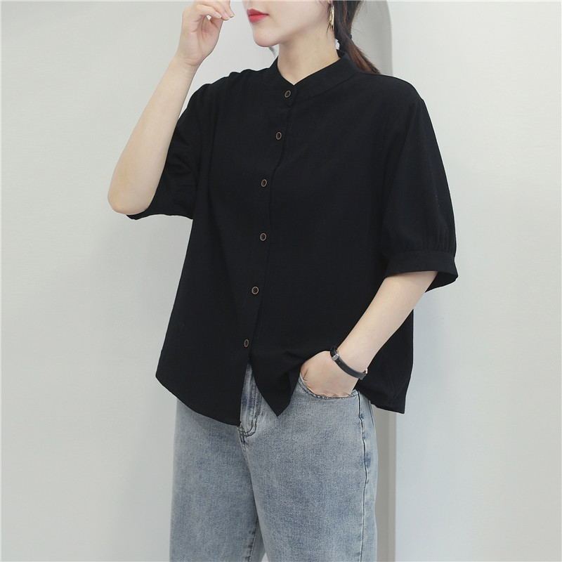 Áo kiểu tay phồng dáng rộng bằng cotton lanh mát thời trang hè size lớn cho nữ