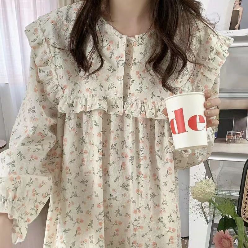 Đầm Ngủ Tay Dài Viền Bèo In Họa Tiết Hoa Hồng Ngọt Ngào Phong Cách Hàn Quốc Thời Trang Xuân Thu Mới Cho Nữ