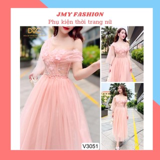 V3051 Váy voan hồng lệch vai [kèm video SP] váy hồng dáng dài sang chảnh - DVC&ACC