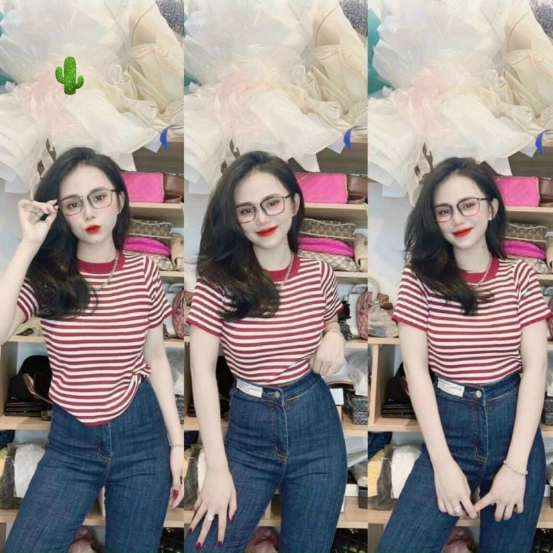 Áo kiểu croptop cổ bẻ sọc ngang cực hot , chất thun coton mềm mịn