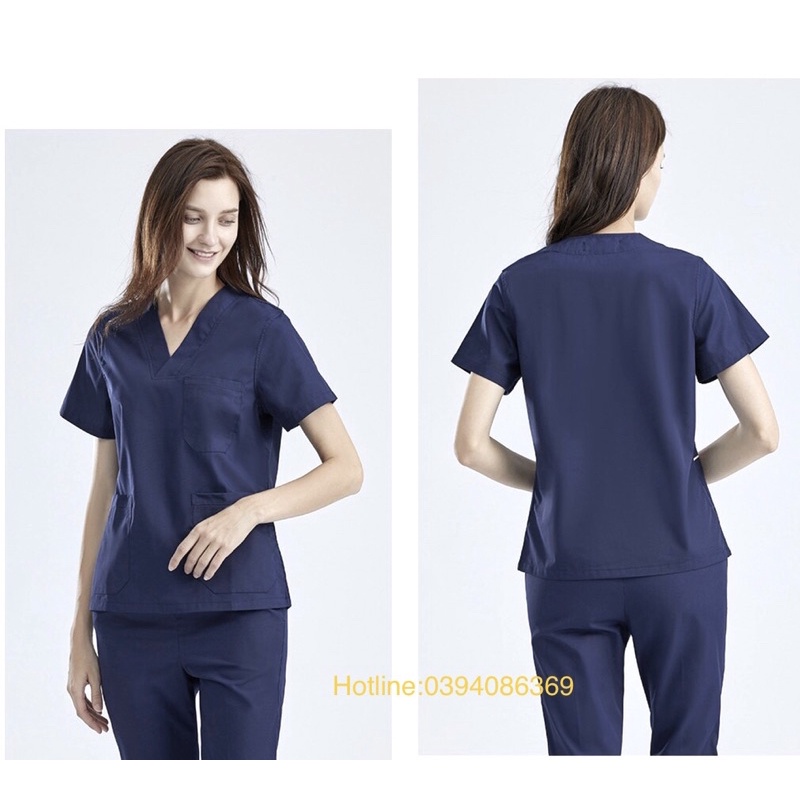 Bộ quần áo blouse cổ tim bác sĩ,hộ lý,kĩ thuật viên phòng mổ màu xanh đen