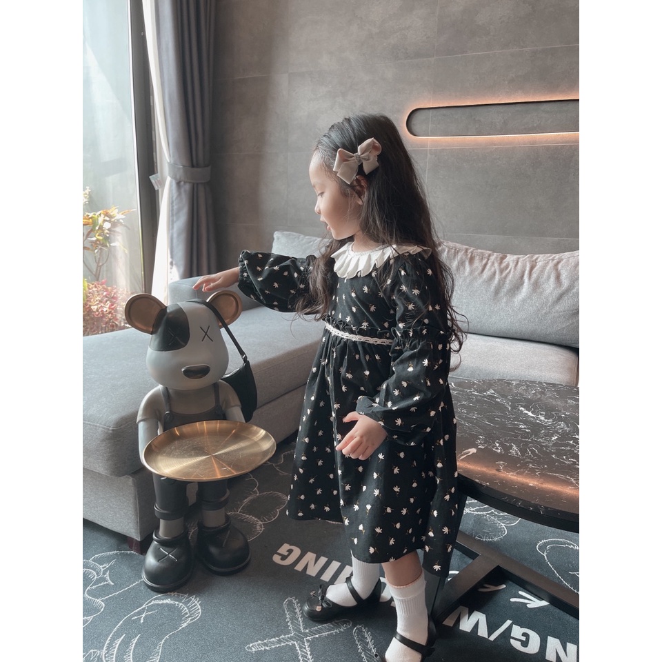 Váy Lennco nhung tăm đen cổ xếp ly cho bé gái