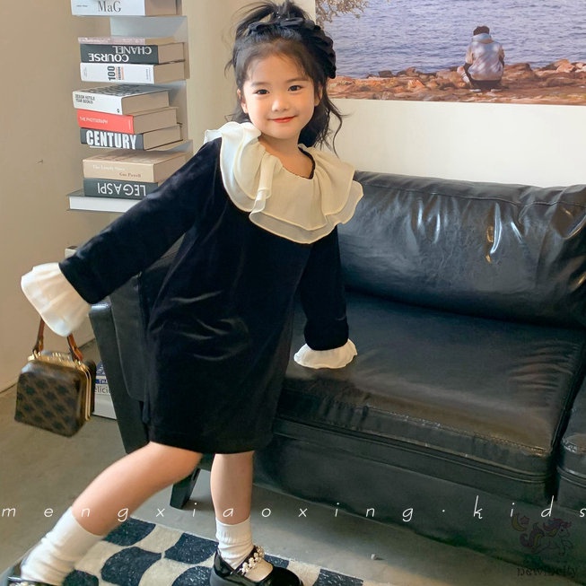 Đầm Nhung Cổ Bèo Phong Cách Chic Hàn Quốc Xinh Xắn Cho Bé Gái