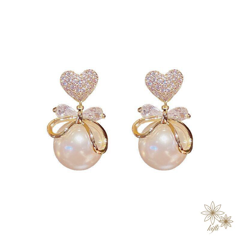 Bông Tai Hình Trái Tim Đính Đá Zircon Và Ngọc Trai Sang Trọng