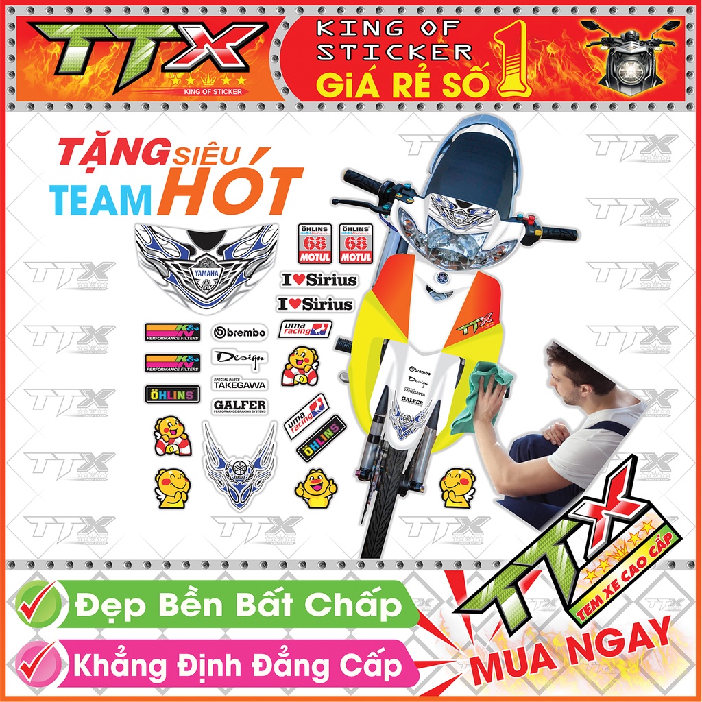 Tem Xe Sirius Trắng Xanh GP - Tem Sirius Lửa Xanh GP Siêu Đẹp - Mẫu Team Sirius Xanh GP Trắng