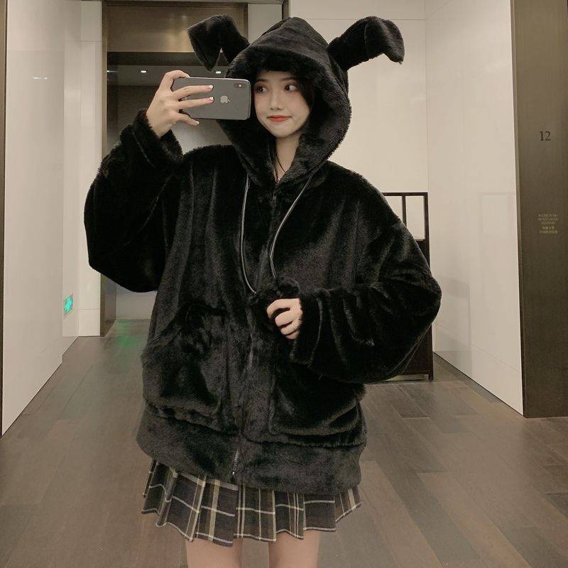 Áo Khoác Lông Tai Thỏ Dễ Thương Cho Nữ
