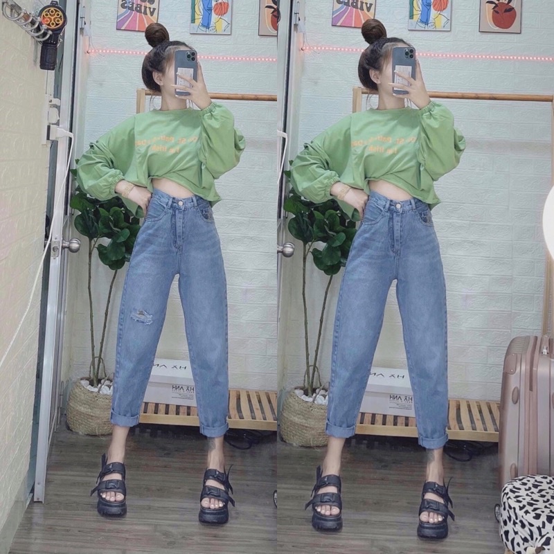 Quần Baggy bigsize Rách 1 Đùi/ Trơn Màu Xanh Nhạt Râu Mèo Lưng Cao - Quần Baggy bigsize Cạp Cao Từ 56kg-88kg
