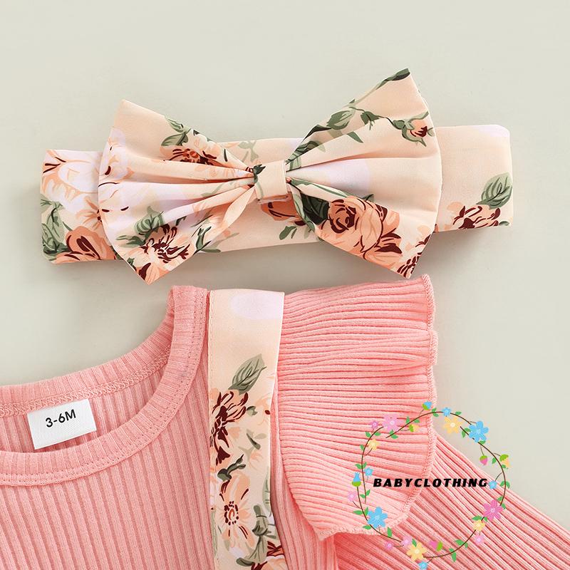 Set 2 Món Áo Thun Tay Dài & Váy Yếm In Hoa & Băng Đô Quấn Đầu Cho Bé Gái