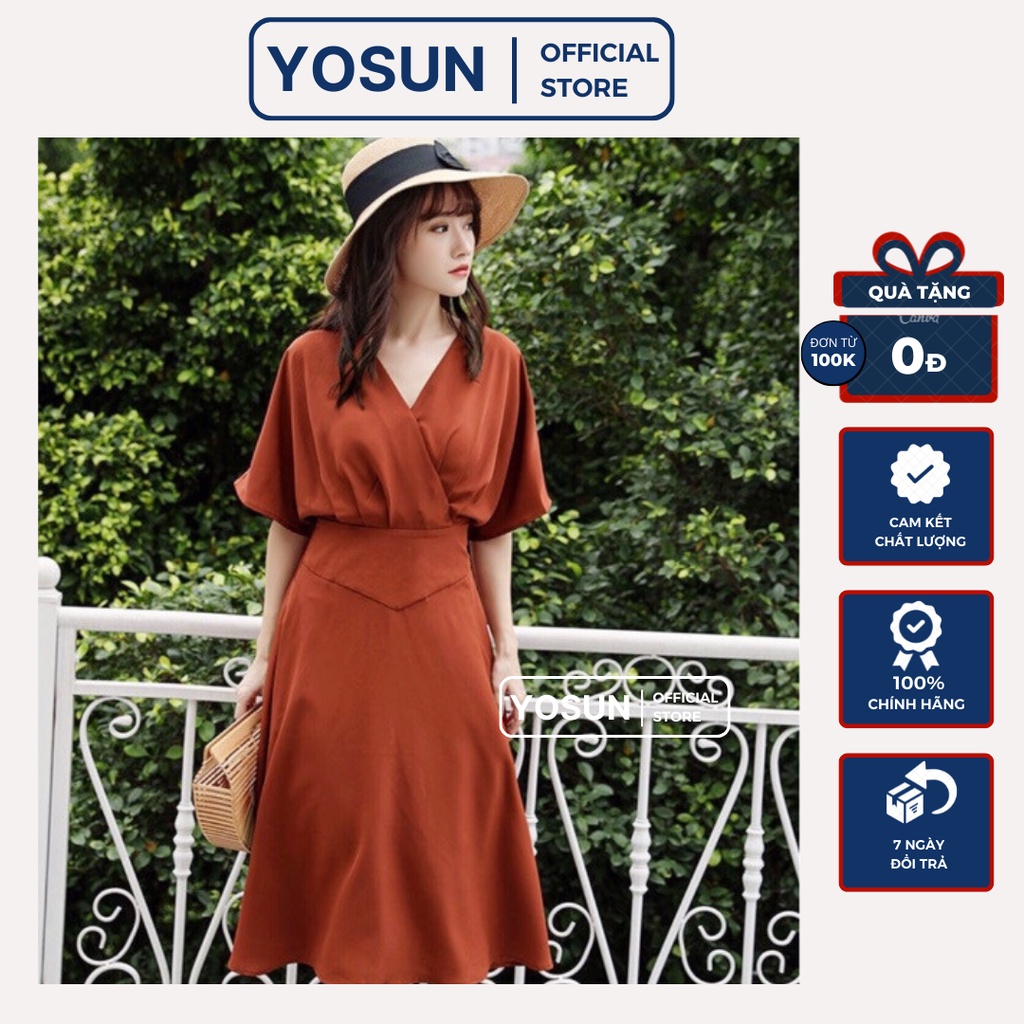Đầm Nữ Công Sở Cổ V Đắp Chéo Chiết Eo Thanh Lịch, Váy Nữ Dự Tiệc Đi Đám Cưới Eo Bo Chun Sau Thục Nữ Màu Cam Đất