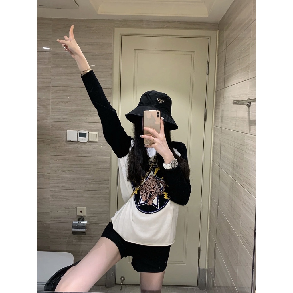 Áo sweater dệt kim Xiaozhainv tay dài in họa tiết xinh xắn thời trang cho nữ