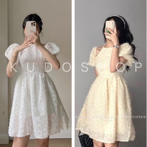 Váy tiểu thư cổ yếm dáng xòe lông vũ KUDOSHOP Đầm dự tiệc hai màu trắng,be phong cách Hàn Quốc