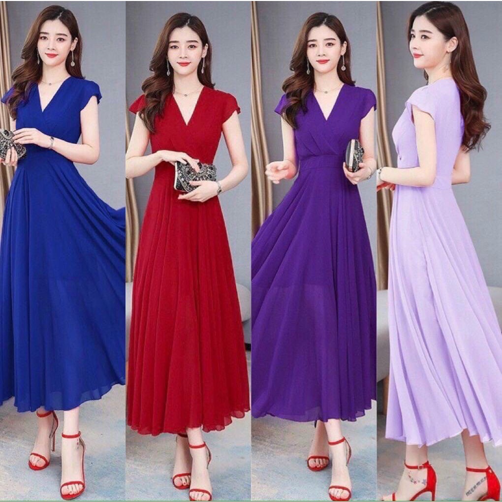 ĐẦM MAXI CỔ V TAY CON Chất: chifon lót thun Màu: xanh coban, đỏ đô, tím đậm, tím nhạt Kiểu dáng: đầm dáng xòe dài, cổ v,