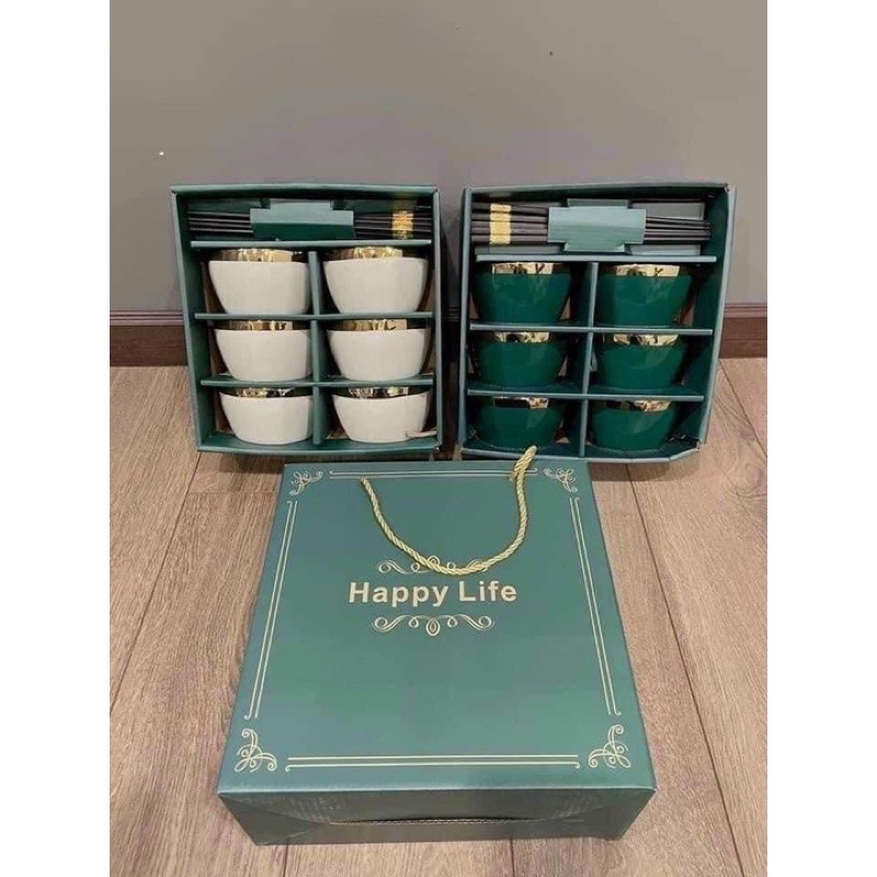 Bộ 6 Bát ăn cơm, chén ăn cơm sứ Viền Vàng hình trụ tặng kèm 6 đôi đũa - bát decor phong cách Hàn Quốc