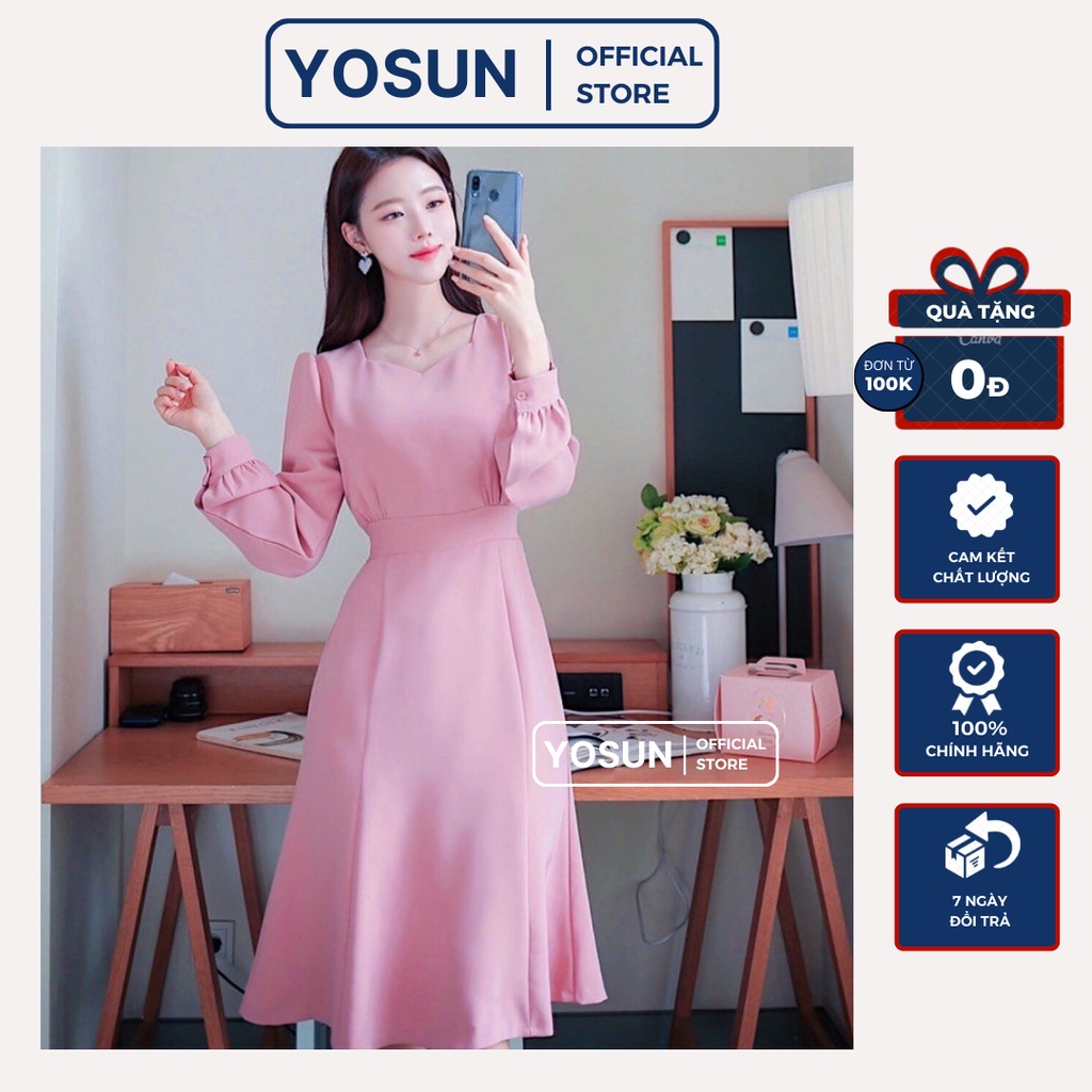 Đầm Nữ Dự Tiệc Cổ Tim Tay Dài Thục Nữ, Váy Nữ Công Sở Thắt Nơ Sau Nữ Tính Nhẹ Nhàng Màu Hồng