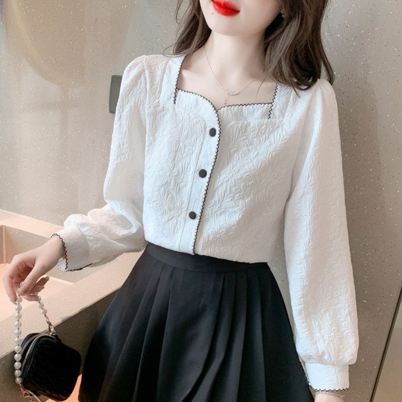 Áo Sơ Mi Chiffon Cổ Vuông Tay Dài Màu Trắng Phong Cách Thời Trang Hàn Quốc Dành Cho Nữ