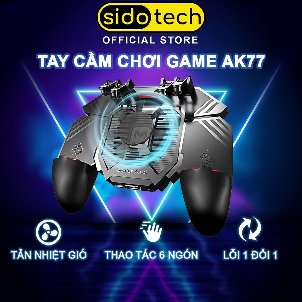 Tay cầm chơi game điện thoại không dây SIDOTECH AK77 có pin kèm quạt tản nhiệt gió hỗ trợ auto tap thao tác 6 ngón