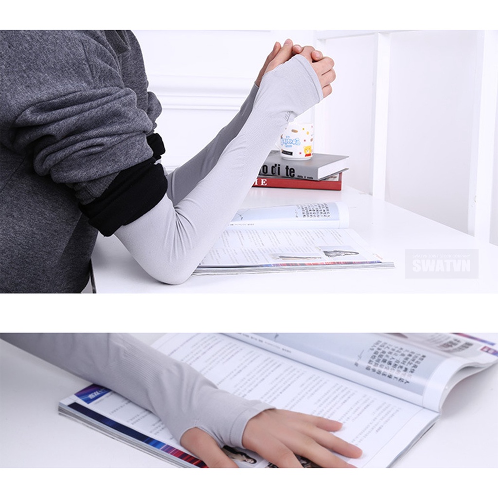 Đôi ống tay dài màu đen LetSlim che nắng có xỏ ngón vải co dãn mỏng nhẹ thấm hút mồ hôi hiệu quả, tiện lợi