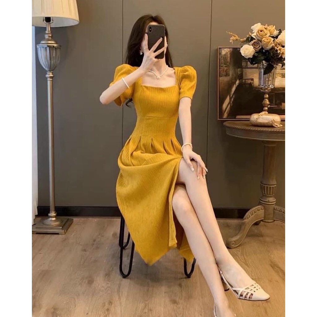 Váy đầm cổ vuông xẻ tà xếp ly eo,đầm nữ dáng xòe dài thiết kế chất liệu xốp gân sọc (full 2 lớp) nhẹ nhàng sang chảnh MP