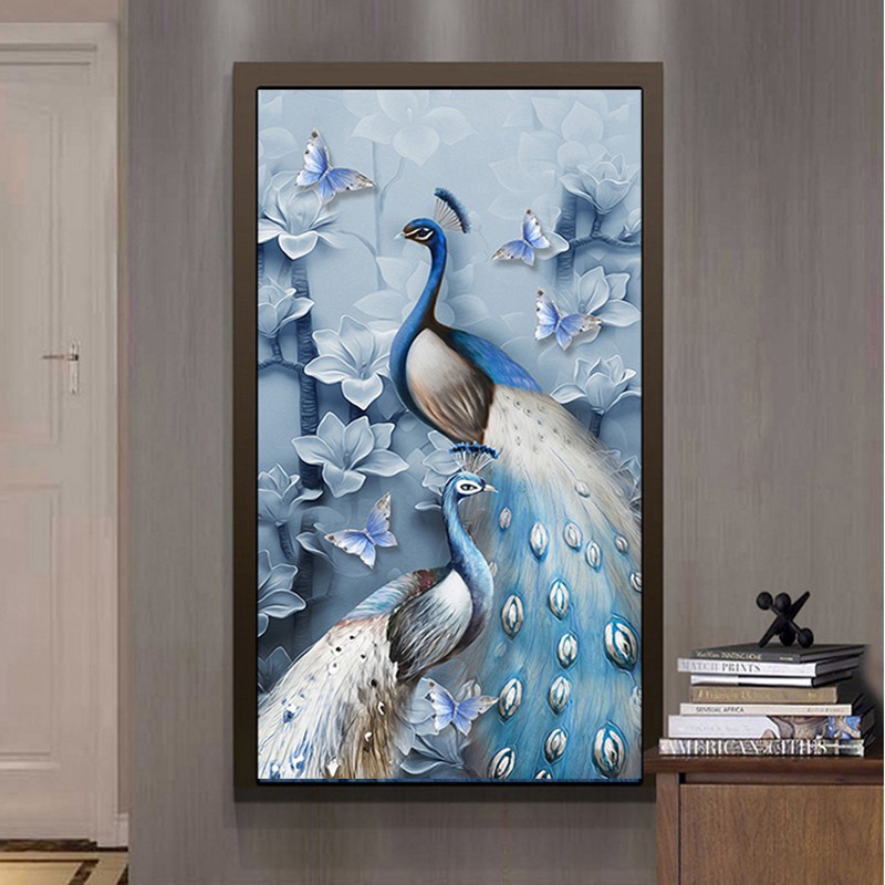 DIY Round Diamond Blue double peacock Full Diamond Painting, tranh hạt