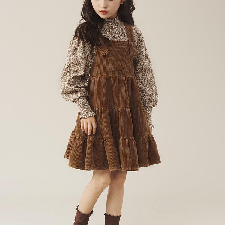 Set Áo Thun Dài Tay In Hoa + Đầm Yếm Thời Trang Hàn Quốc Cho Bé Gái