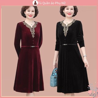 Váy Nhung Đỏ Nữ Đầm Nhung Dài Qua Gối Tay Dài Phong Cách Mới Xuân Thu Cho Phụ Nữ Trung Niên