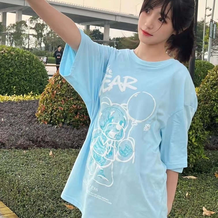 Áo thun ZHELIHANGFEI ngắn tay dáng rộng in hình gấu phong cách Preppy dễ phối đồ