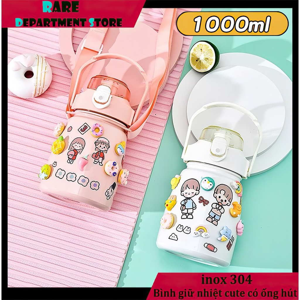 Bình nước bình giữ nhiệt Bình giữ nhiệt cute có ống hút inox 304 không rỉ an toàn 1000ml，Rare department store
