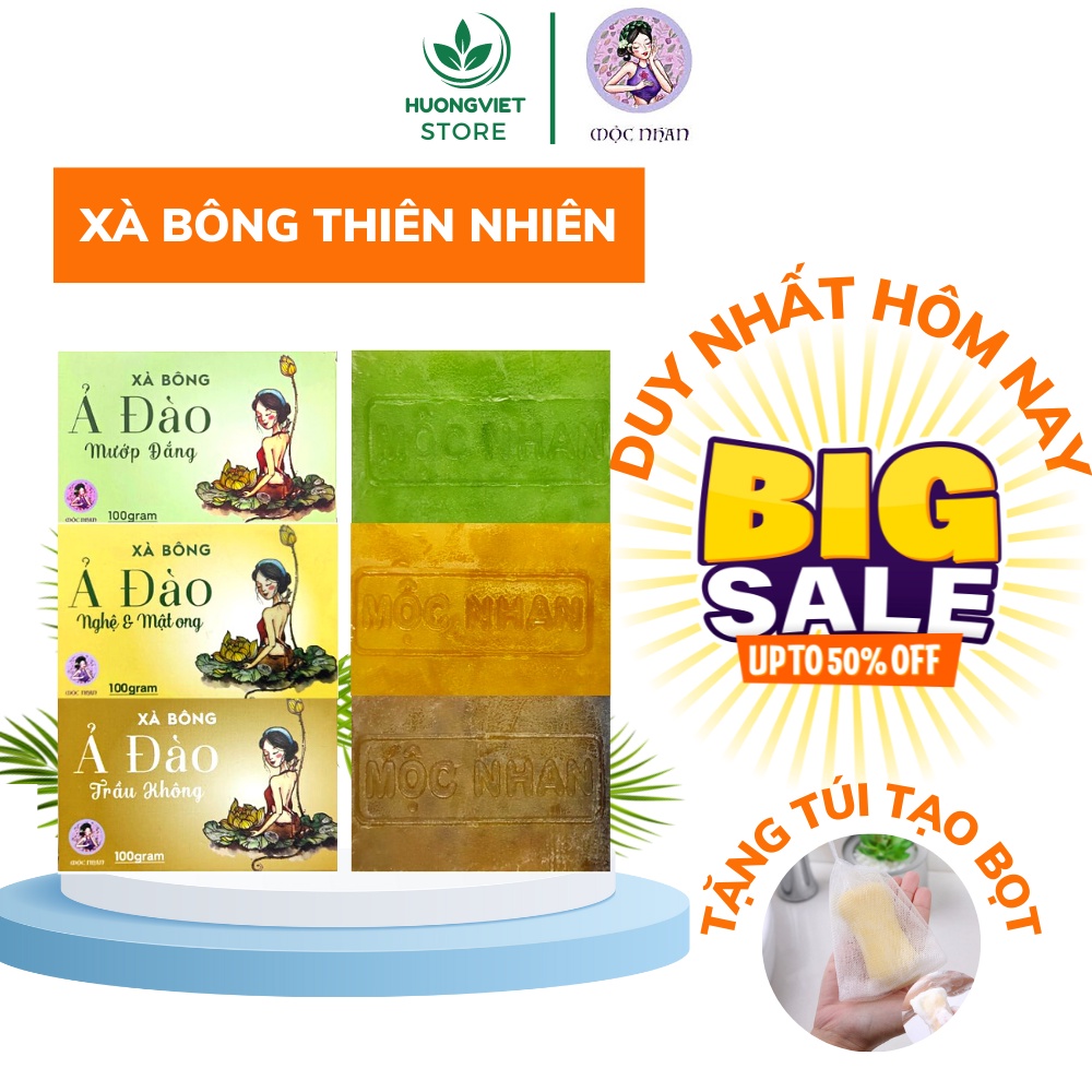 Xà Bông Ả Đào Mộc Nhan Natural Xà Phòng Thiên Nhiên 3 Loại Mướp Đắng Trầu Không Nghệ Giảm Mụn Lưng Trắng Da Khử Hôi Nách