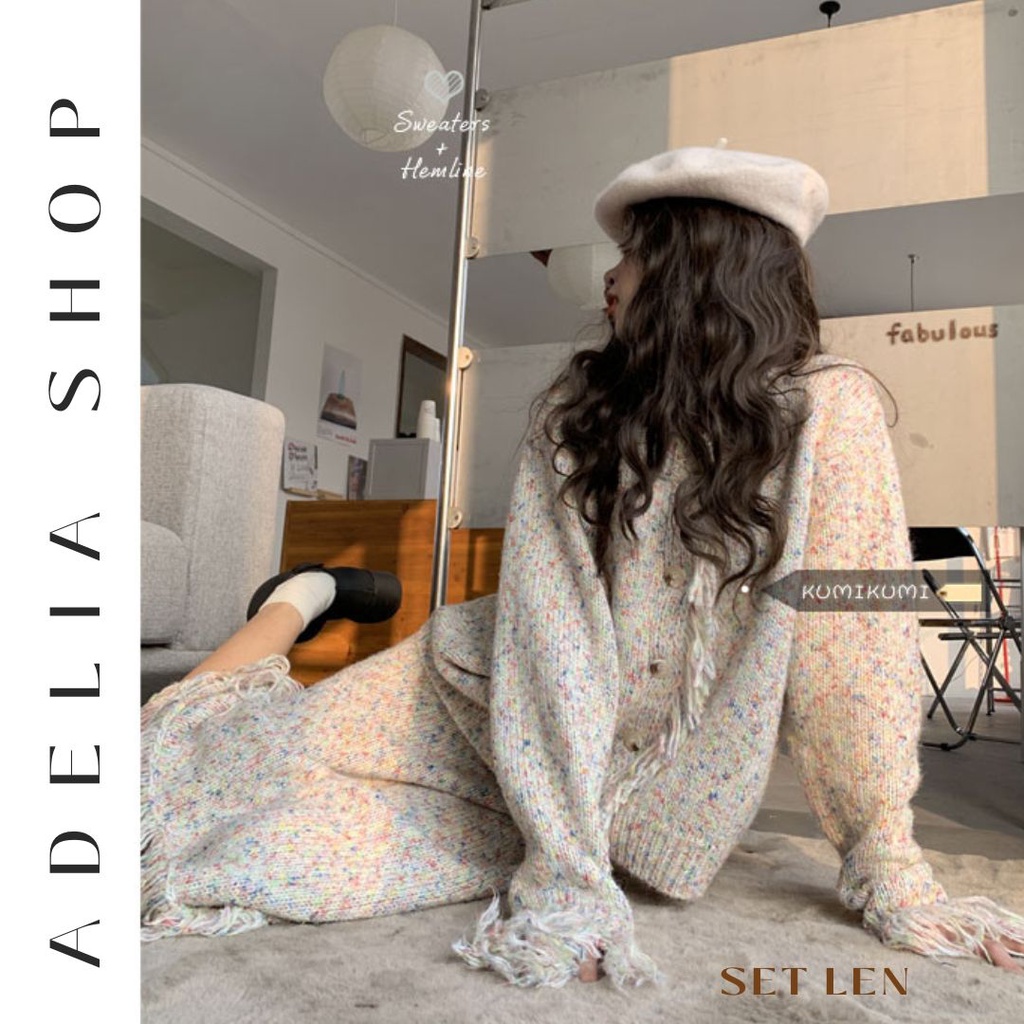 「ADELIA」Set Váy Len Quảng Châu B4 Gồm Áo Khoác Cardigan Và Chân Váy Len Dáng Suông Chất Đẹp Tua Rua