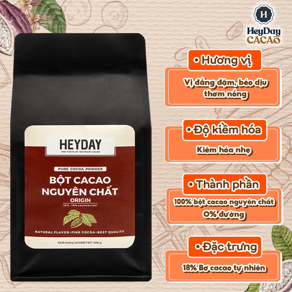 Túi zip 500g Bột cacao nguyên chất 100% không đường Heyday - Dòng Origin thượng hạng - Chuẩn UTZ Quốc Tế