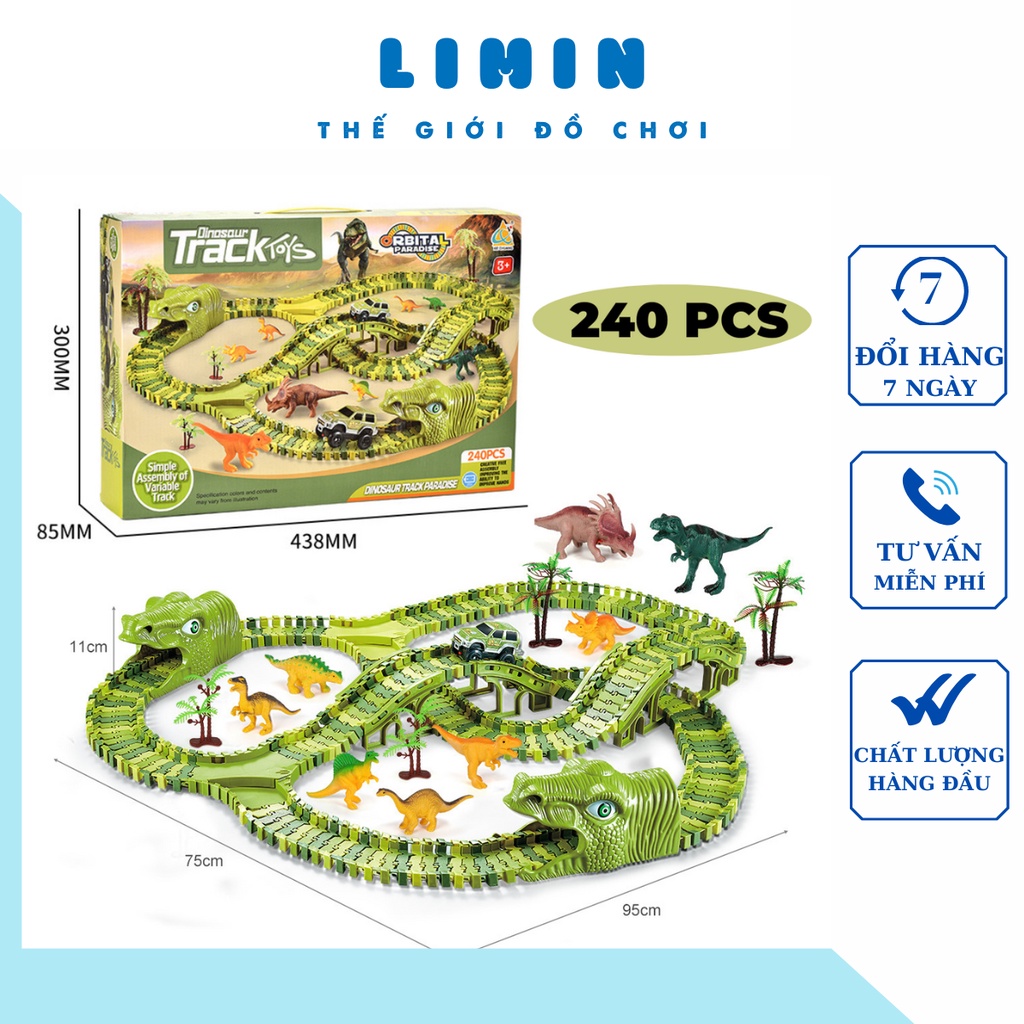 Bộ lắp ráp đường đua ô tô khủng long, đồ chơi lắp ghép đường ray khủng long 240PCS cho bé thoả sức sáng tạo