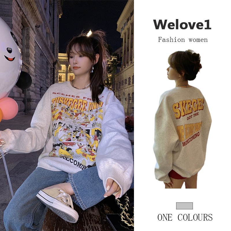 Áo sweater Cổ Tròn Tay Dài Dáng Rộng In Họa Tiết Hoạt Hình Phong Cách Hàn Quốc Thời Trang Cho Nữ