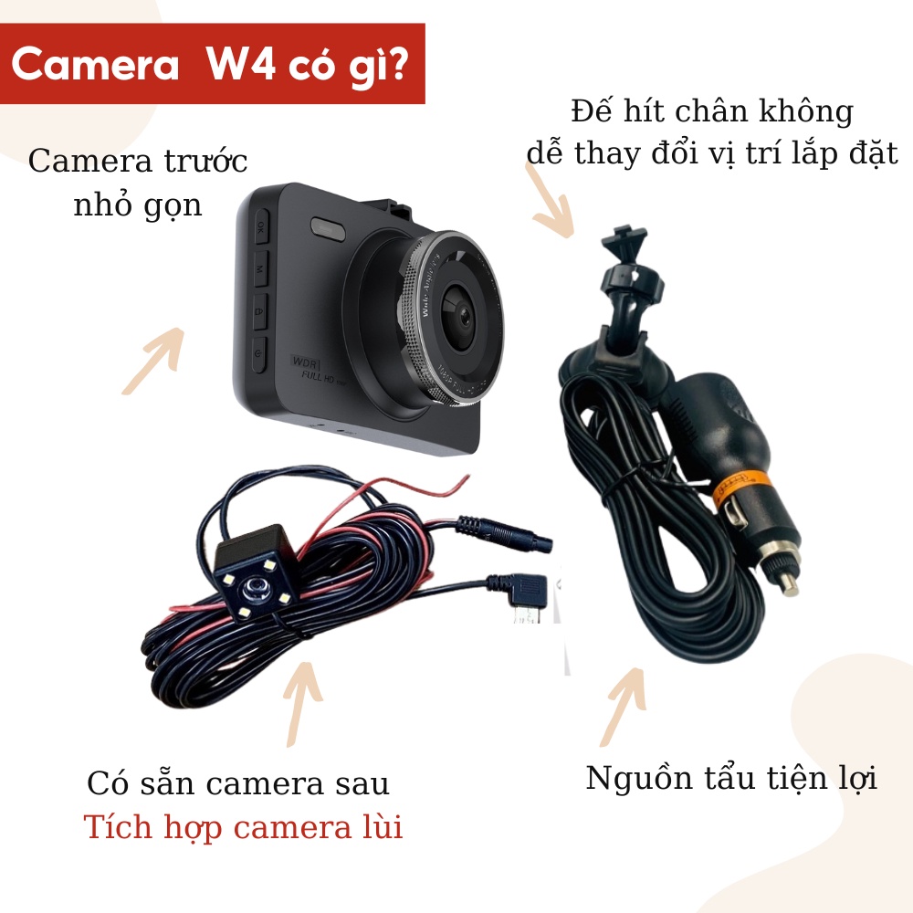 Camera hành trình ô tô W4, camera wifi kết nối điện thoại, quay trước sau góc rộng siêu nét Bảo Hành 12 Tháng