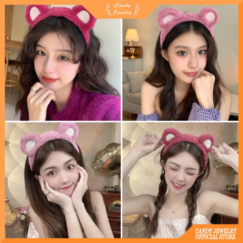 Băng đô cài tóc MANYUE kiểu tai gấu bọc vải lông tông màu hồng hỗ trợ rửa mặt đáng yêu