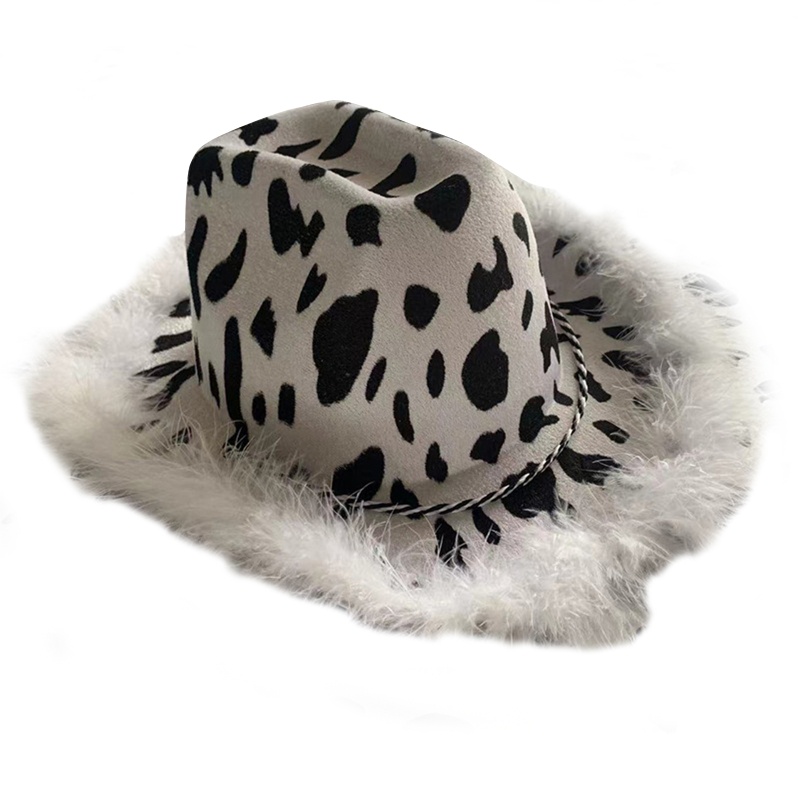Mya Cow Print Cowgirl Hat Feathers Weastern Women Bachelorette Cow Print Cowboy Hat