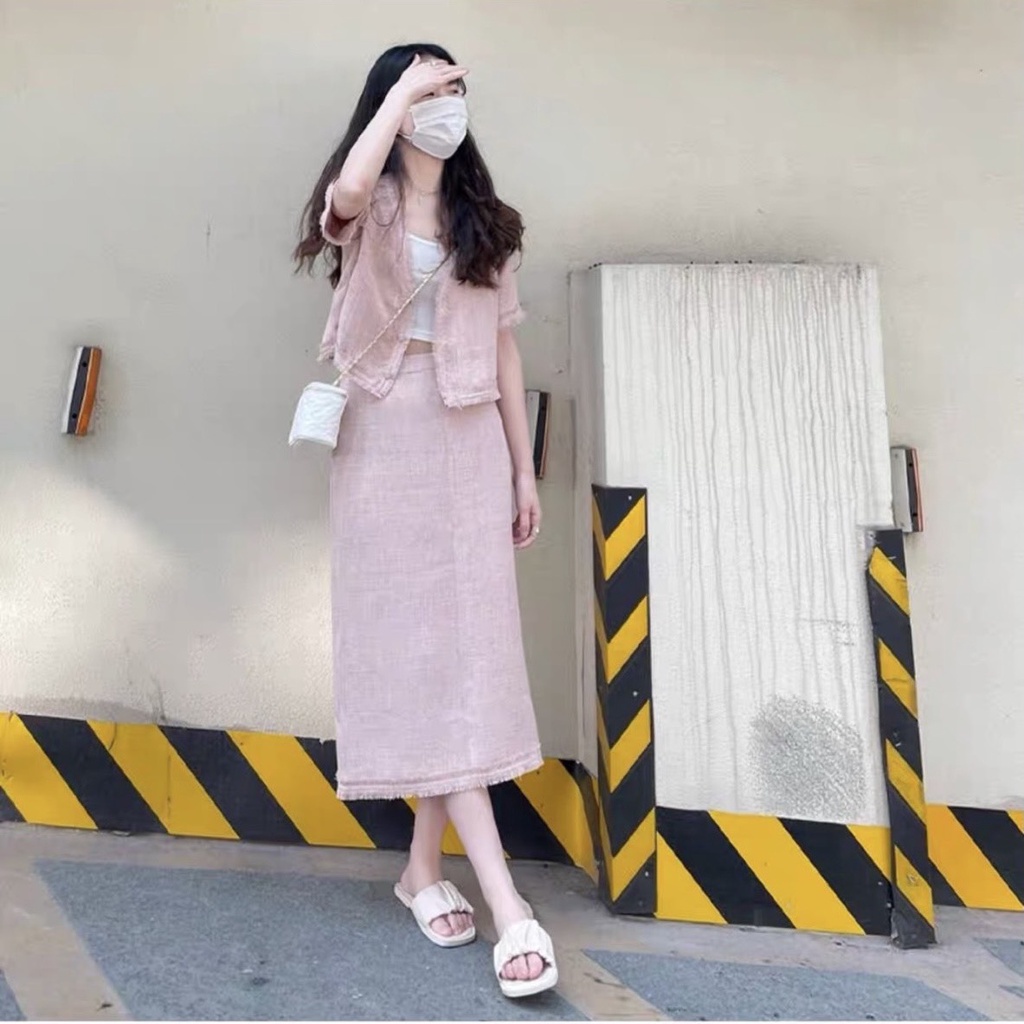 SET DẠ 3 MÓN: ÁO KHOÁC TƯA LAI + ÁO LÓT TRẮNG + CHÂN VÁY MIDI HỒNG