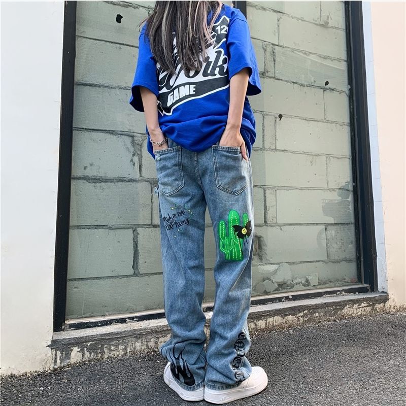 (Order+ảnh thật)Quần jean unisex nam nữ đầu lâu kết hợp họa tiết viền lửa phong cách đường phố