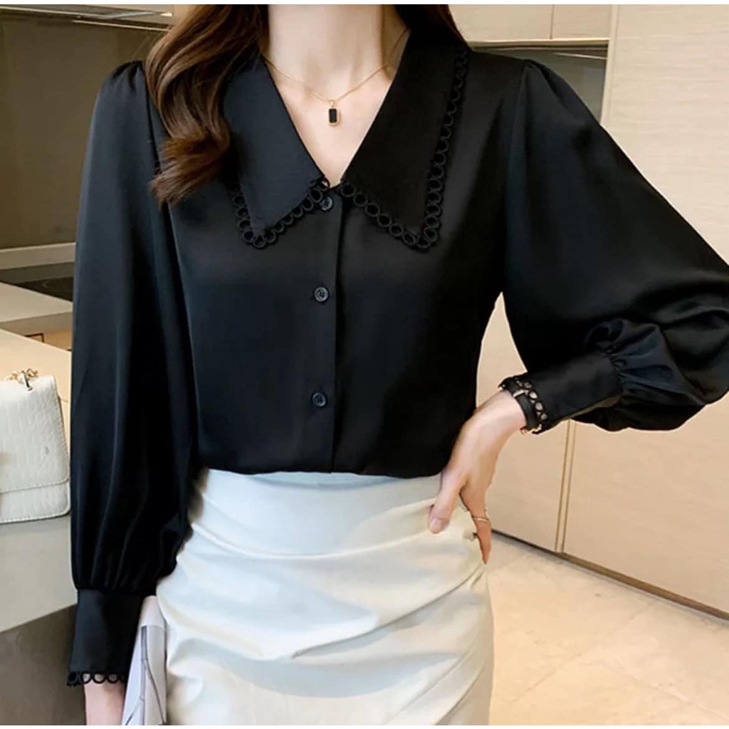ÁO SƠ MI NỮ ĐEN TAY DÀI REN LỖ CỔ V CỰC XINH AM81
