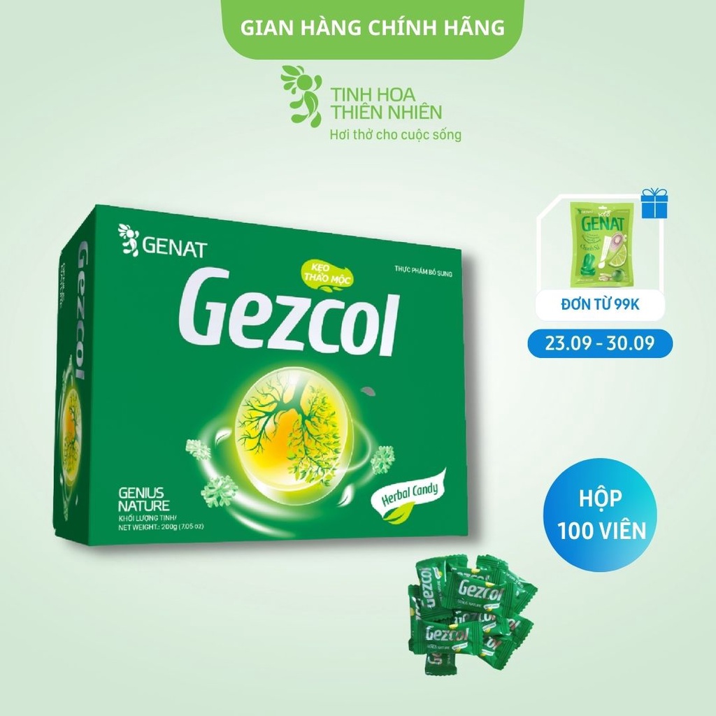 Kẹo ngậm thảo mộc Gezcol (Hộp 100 viên) giúp giảm ho, bổ phổi, ngậm cai thuốc lá - Genat - Tinh hoa thiên nhiên