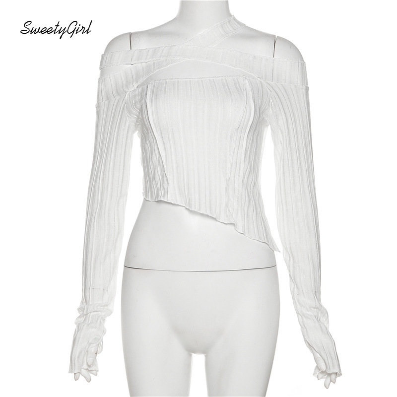 Áo Thun Crop Top Tay Dài Dáng Ôm Màu Trơn Lệch Vai Quyến Rũ Thời Trang 2022 Cho Nữ