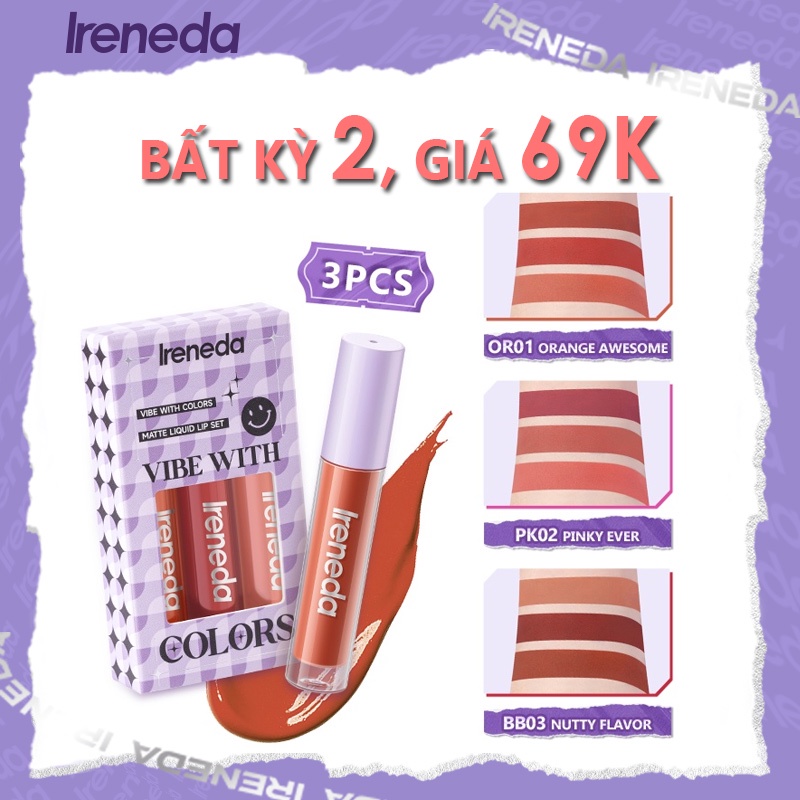 Ireneda Set 3 Son Môi Dạng Lỏng Dưỡng Ẩm Lâu Trôi Màu Lì Phong Cách Giáng Sinh OhMyKiss