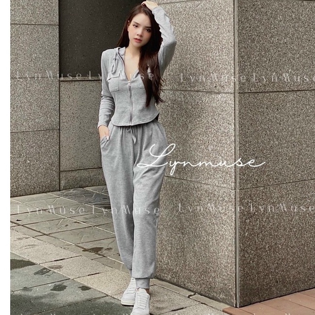 Set bộ đồ nữ thu đông áo dài tay có mũ kéo khóa túi hộp trẻ trung năng động