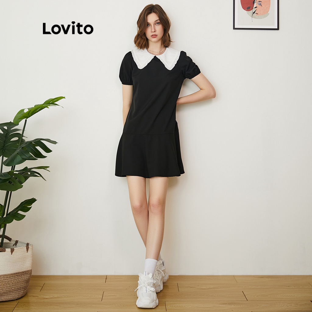 Đầm Lovito thường ngày trơn cổ vuông tay phồng L19D421