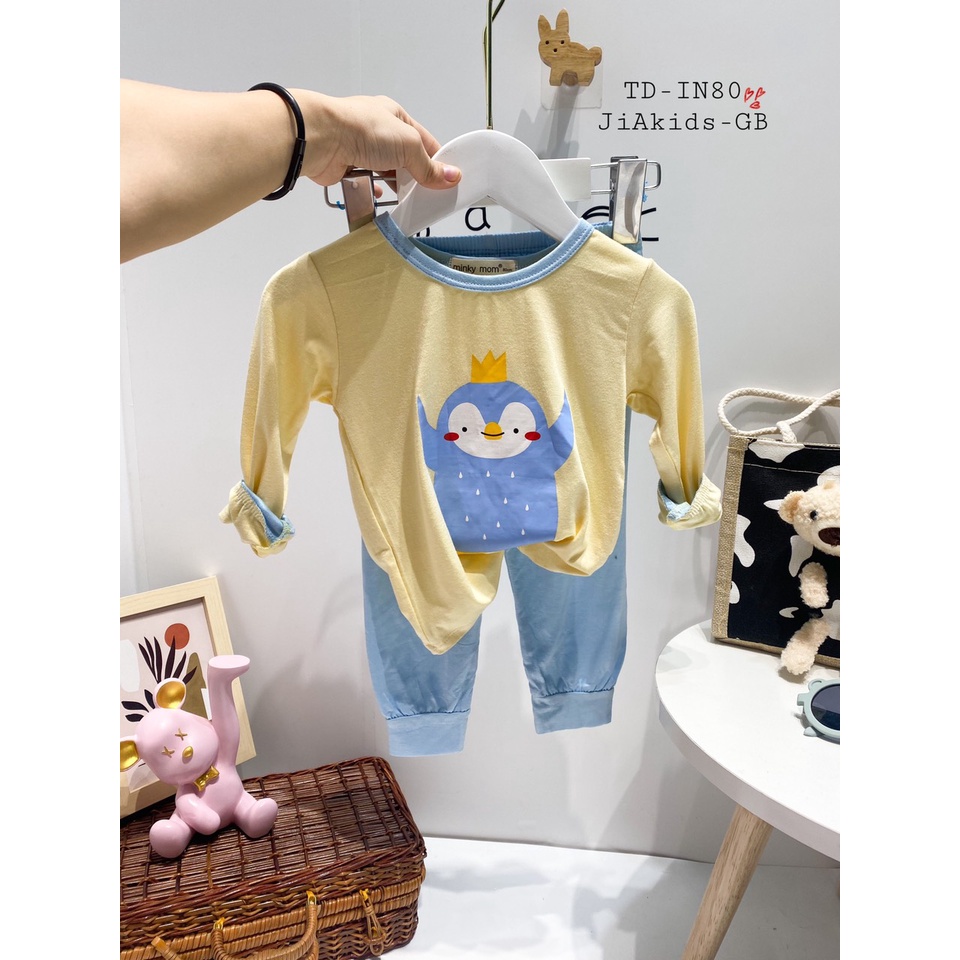 Bộ Dài Tay THUN LẠNH MINKY MOM In Thân Áo Phối Màu Viền Quần Cho Bé TD-IN80