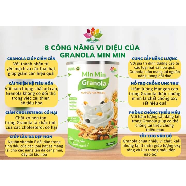 Ngũ cốc Granola Min Min ăn liền, nguyên hạt nhiều dinh dưỡng,sấy máy giòn thơm chuẩnOrganic