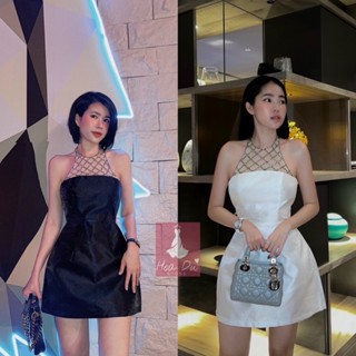   Ảnh sàn + video  Đầm chuẩn Store cổ yếm phối lưới đá đi tiệc sang trọng trẻ trung 