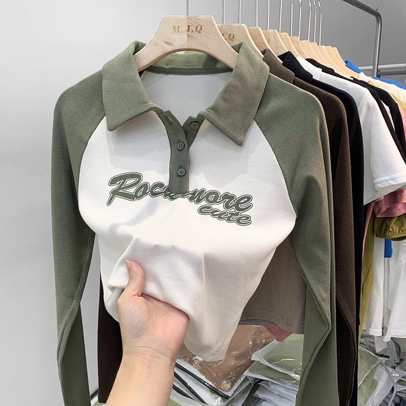 Áo Thun Nữ Tay Dài Cổ polo Màu Trơn Phong Cách Retro