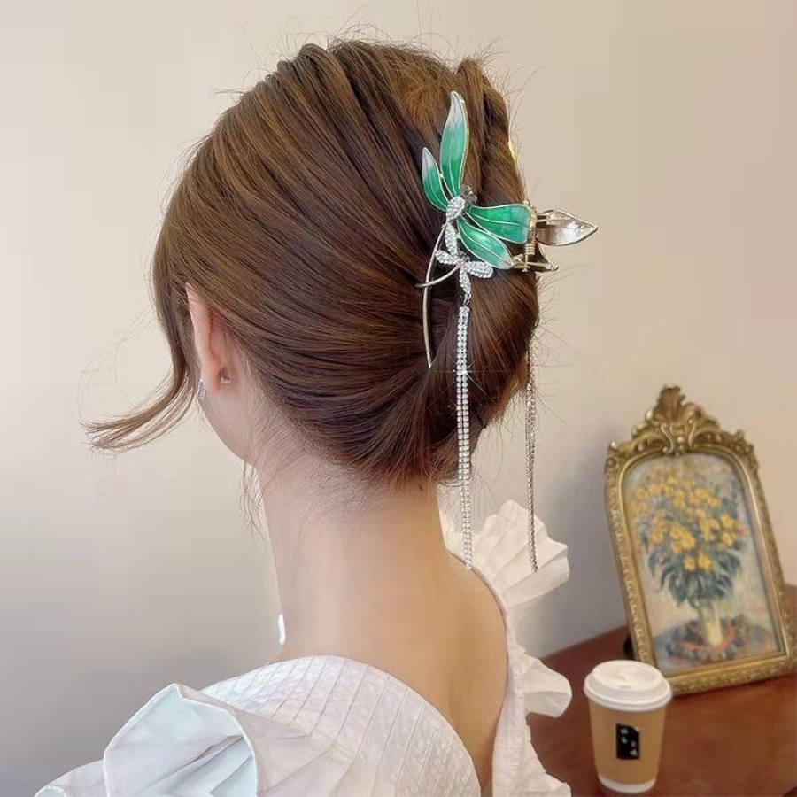 Kẹp Tóc Đuôi Ngựa Bằng Kim Loại Hình Chuồn Chuồn Đính Đá Pha Lê Xanh Lá Phong Cách Hàn Quốc