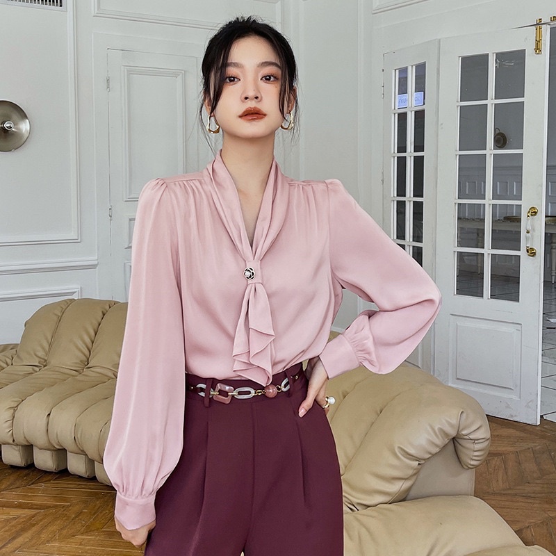Áo sơ mi lụa, áo sơ mi nữ công sở cà vạt đính tag hoa hồng mẫu mới