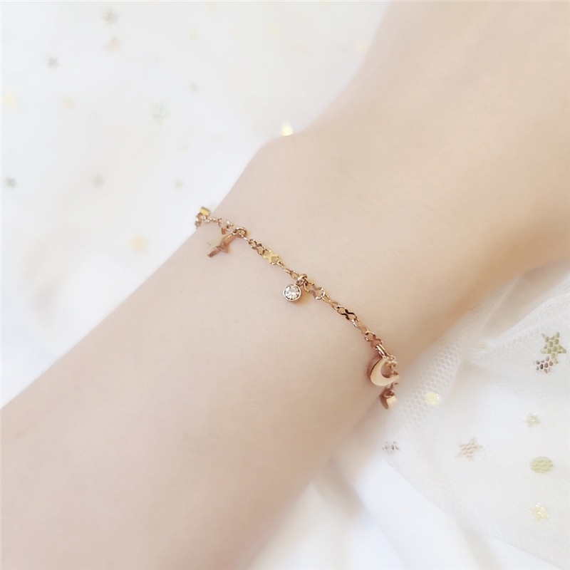 Vòng Tay Thép Titan Lên Màu Nhanh Đính Đá Zircon Mặt Trăng Ngôi Sao Phong Cách Mới